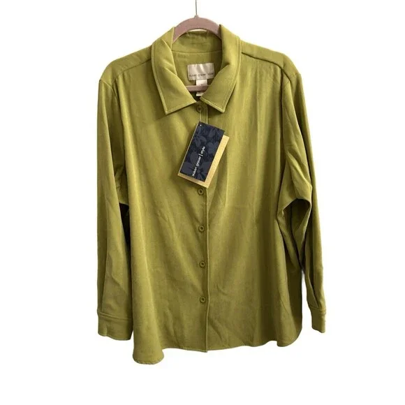 Susan Graver Women’s Green Long Sleeve Microsuede Button Up Top 1X Casual Career - Picture 2 of 7